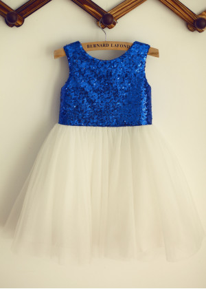Royal Blue Sequin Ivory Tulle Knee Length Flower Girl Dress